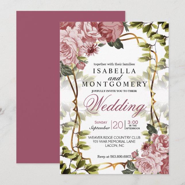 Invitación Hermoso Boda Mauve Floral (Anverso / Reverso)