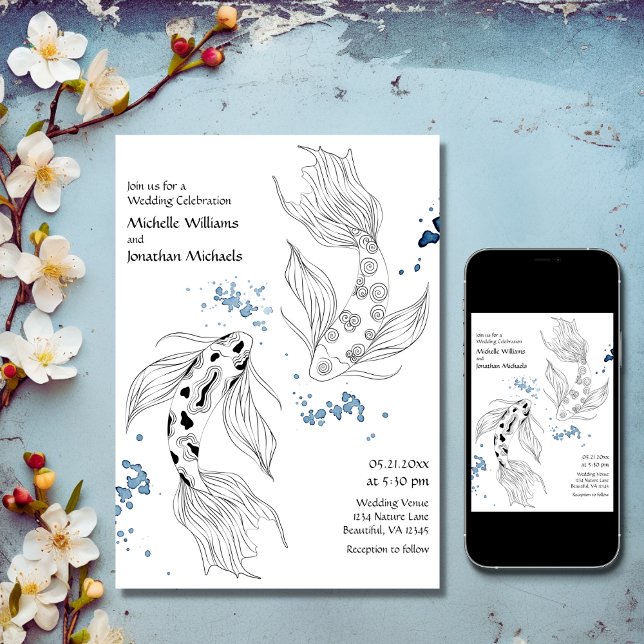 Invitación Hermoso Boda moderno japonés Koi Fish (Printed and Digital - Beautiful Japanese Koi Fish Modern Wedding Invitation)