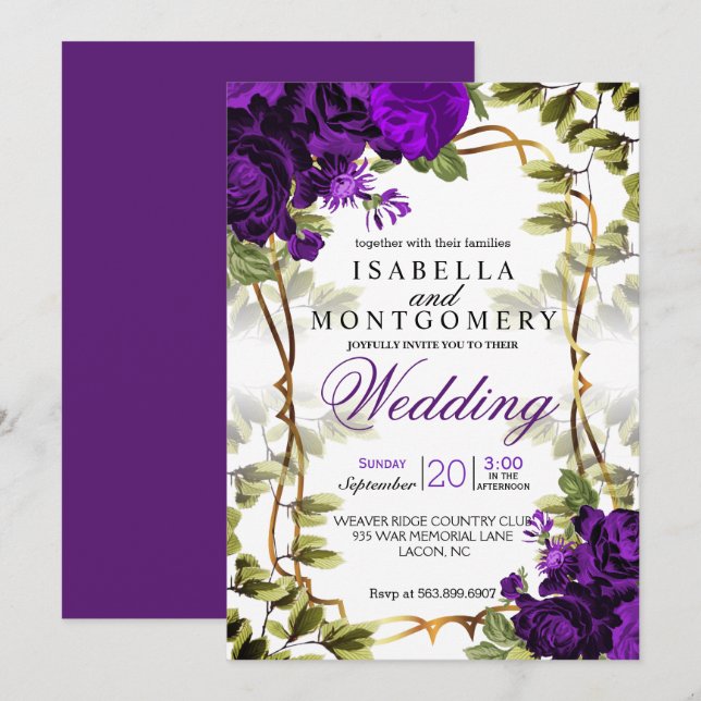 Invitación Hermoso Boda morado floral (Anverso / Reverso)
