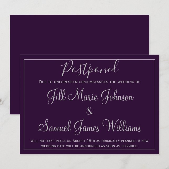 Invitación Hermoso Boda morado y plateado pospuesto (Anverso / Reverso)