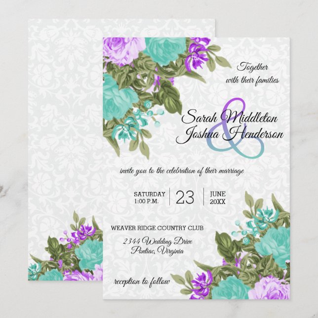 Invitación Hermoso Boda morado y Verde azulado de flores (Anverso / Reverso)