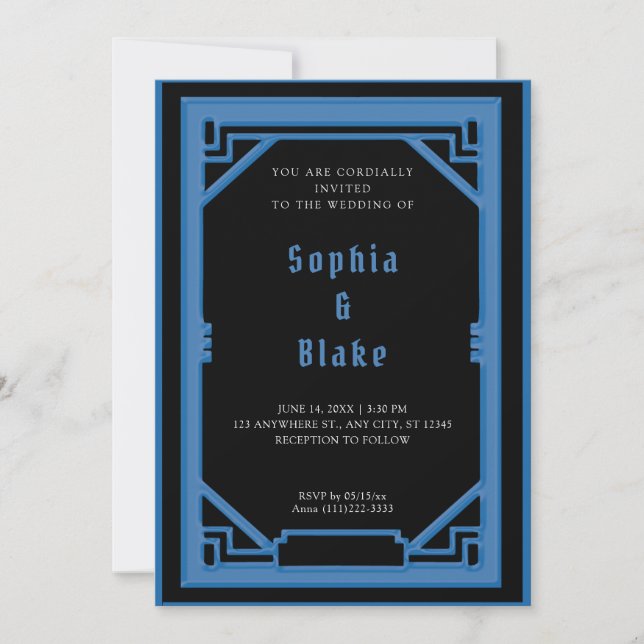 Invitación Hermoso Boda negro y azul Art Deco (Anverso)