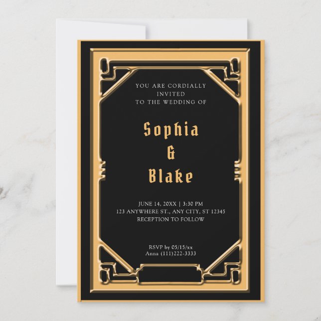 Invitación Hermoso Boda negro y oro Art Deco (Anverso)