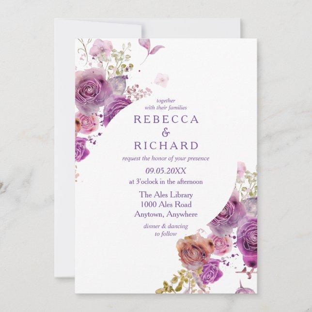 Invitación Hermoso Boda Purple Floral Elegante (Anverso)