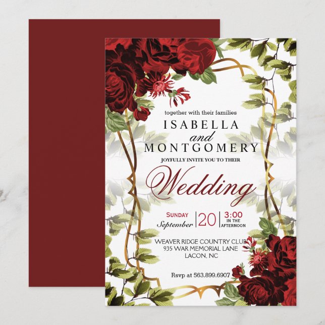 Invitación Hermoso Boda rojo oscuro de la floración (Anverso / Reverso)
