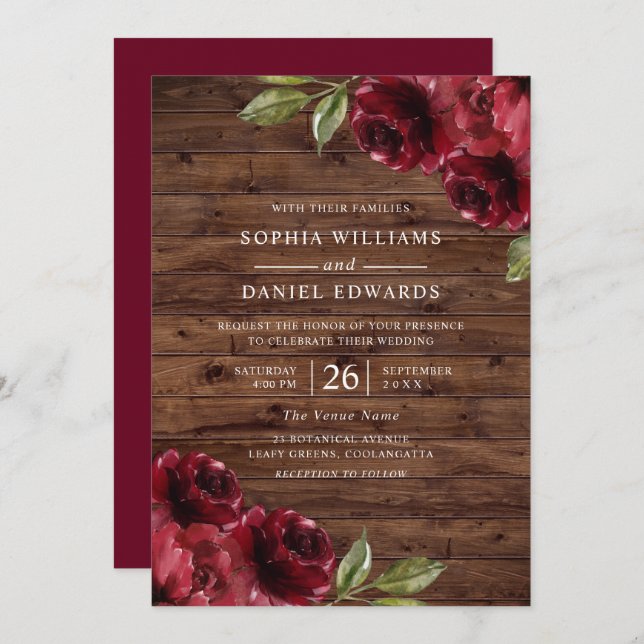 Invitación Hermoso Boda Rústico de Flores Rojas de Borgoña (Anverso / Reverso)