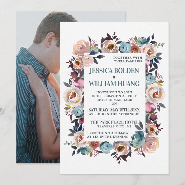Invitación Hermoso Boda Verde azulado Floral Spring Pastel (Anverso / Reverso)