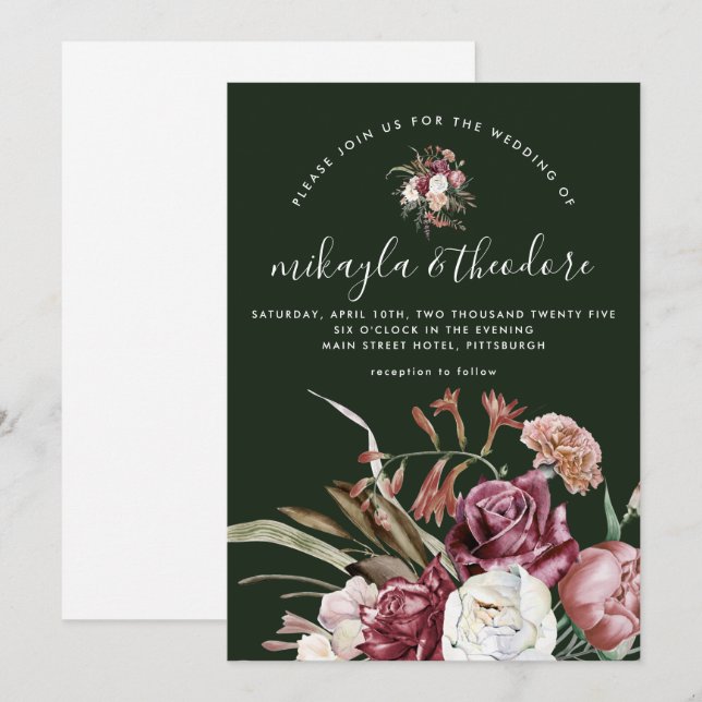 Invitación Hermoso Boho Floral Dark Green Boda (Anverso / Reverso)