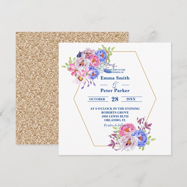 Invitación Hermoso Bouquet floral y Boda Purpurina (Anverso / Reverso)