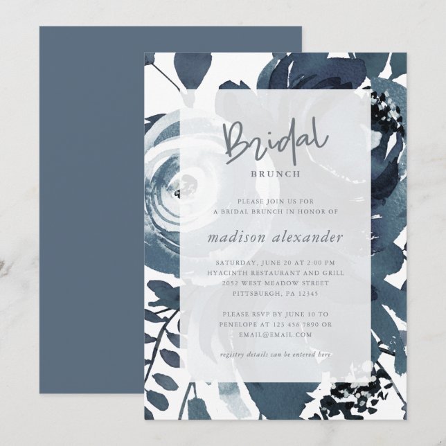 Invitación Hermoso brunch azul y blanco floral (Anverso / Reverso)