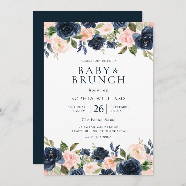 Invitación Hermoso brunch Baby Shower con flores de la marina (Anverso / Reverso)