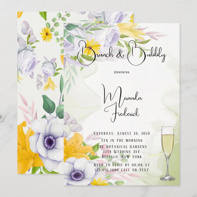 Invitación Hermoso Brunch floral de primavera y burbuja (Anverso / Reverso)