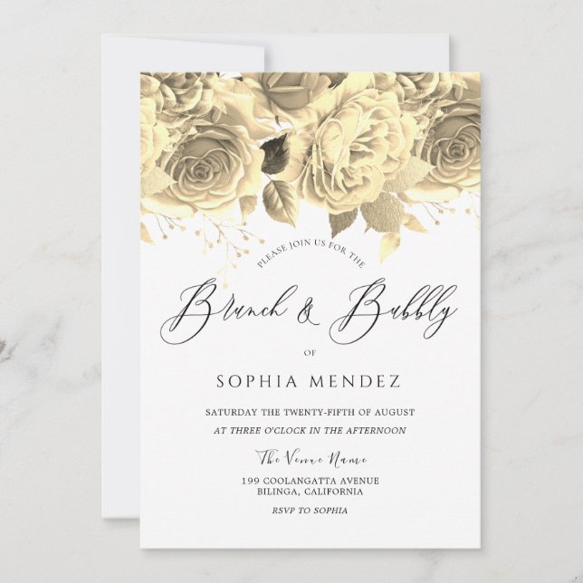 Invitación Hermoso brunch floral dorado ducha de novia Brunch (Anverso)