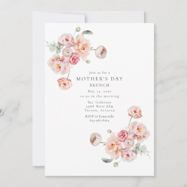 Invitación Hermoso Brunch Pastel Floral Día de la Madre (Anverso)
