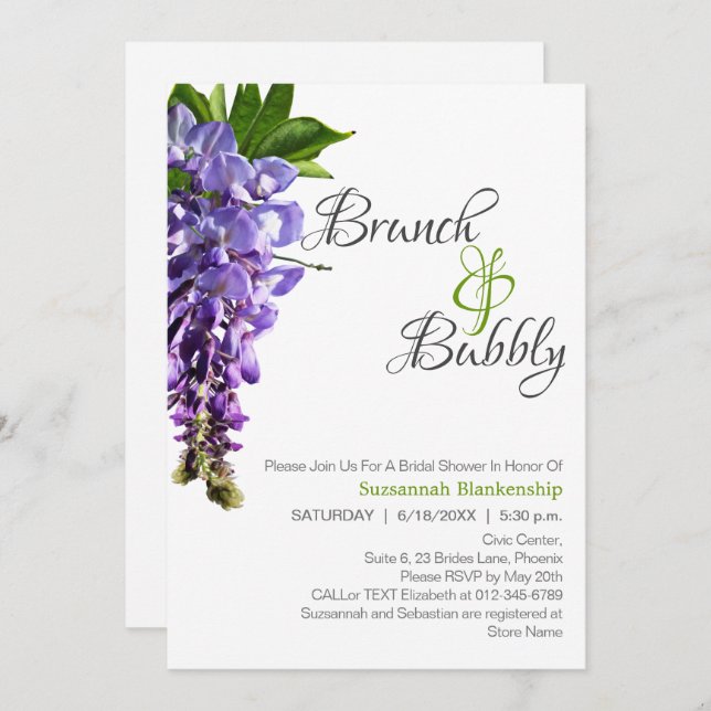 Invitación Hermoso Brunch Wisteria Bubbly Bridal Shower (Anverso / Reverso)