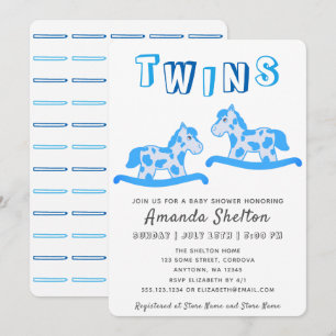 Invitación Hermoso Caballo Mecedor Niño Gemelos Azul Baby Sho