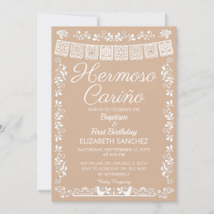 Invitación Hermoso Cariño Bautizo y Primer Cumpleaños Beige