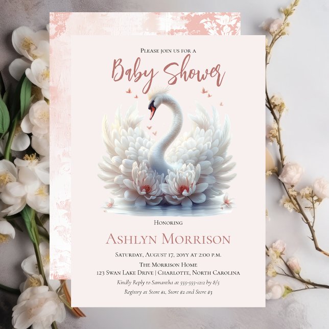 Invitación Hermoso Chica de Damasco Floral Rosa (Beautiful Swan Pink Floral Damask Girl Baby Shower Invitation)