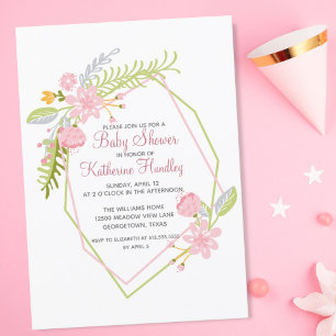 Invitación Hermoso Chica Geométrico Floral Rosa Baby Shower