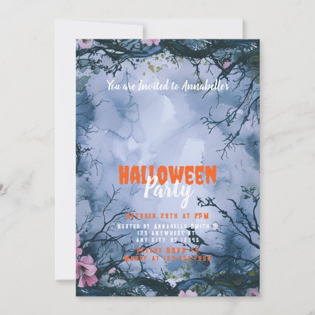 Invitación Hermoso Cielo Azul Flores Rosadas Fiesta de Hallow (Anverso)