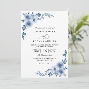 Invitación Hermoso código QR de boda floral elegante azul pol