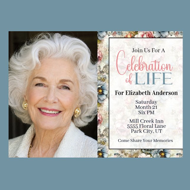 Invitación Hermoso Collage Floral Celebración De La Vida (Vintage floral celebration of life invitation with watercolor flowers and romantic botanical design
)