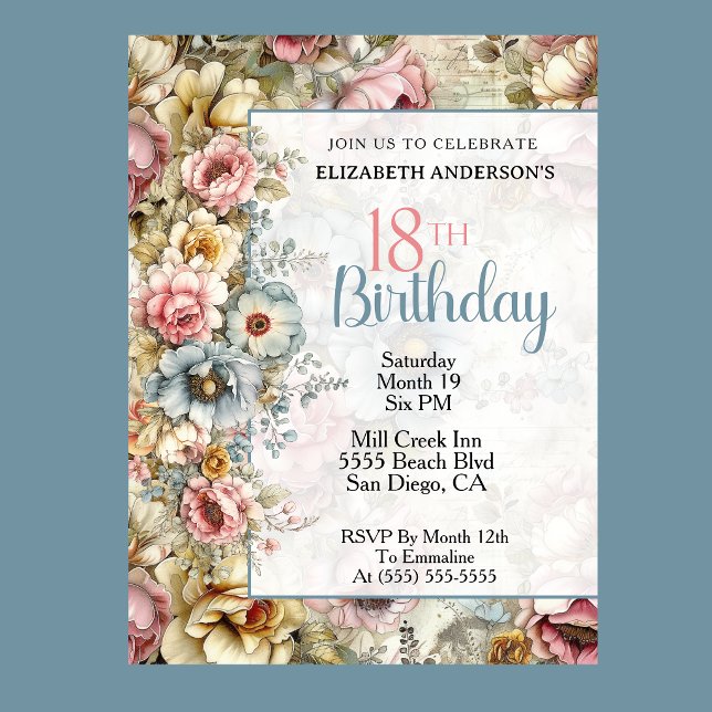 Invitación Hermoso Collage Floral Cumpleaños 18 (Pastel floral 18th birthday invitation with vintage watercolor flowers and blue accents
)