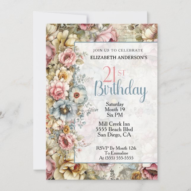 Invitación Hermoso Collage Floral Cumpleaños 21 (Anverso)