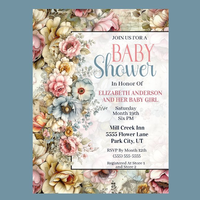 Invitación Hermoso collage floral para baby shower (Vintage floral baby shower invitation with watercolor flowers and romantic botanical design
)