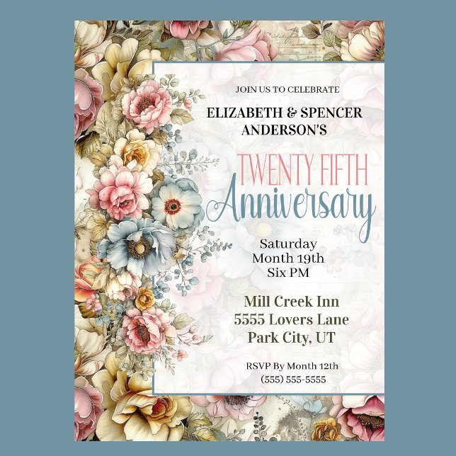 Invitación Hermoso Collage Floral para Bodas de Plata (Vintage floral 25th anniversary invitation with watercolor flowers and romantic botanical design
)
