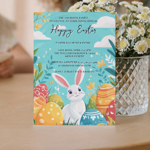 Invitación Hermoso conejito ilustrado y huevos Pascua