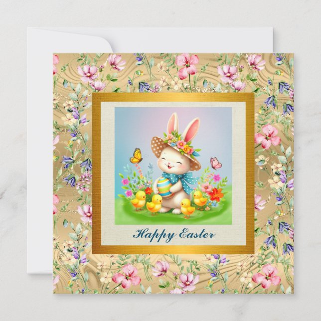 Invitación Hermoso conejo de Pascua y Feliz Fiesta de Flores  (Anverso)