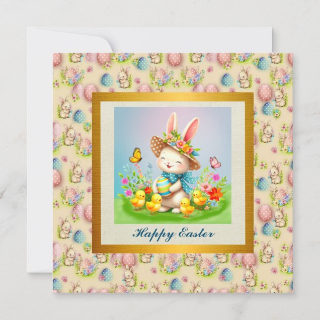 Invitación Hermoso conejo de Pascua y Feliz Fiesta de Flores  (Anverso)