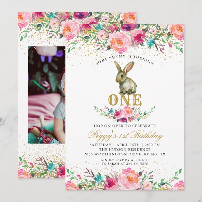 Invitación Hermoso conejo floral rosado 1er cumpleaños foto (Anverso / Reverso)