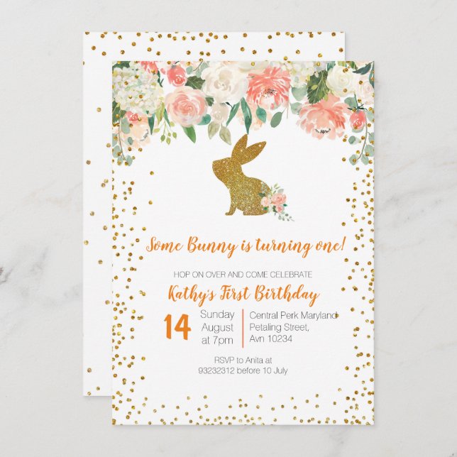 Invitación Hermoso conejo floral rosado primer cumpleaños (Anverso / Reverso)