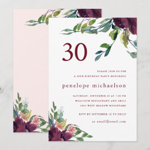 Invitación Hermoso Cumpleaños 30 Floral Acuarela