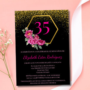 Invitación Hermoso Cumpleaños 35 Negro Dorado Rosa Español