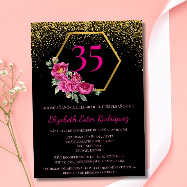 Invitación Hermoso Cumpleaños 35 Negro Dorado Rosa Español (Subido por el creador)