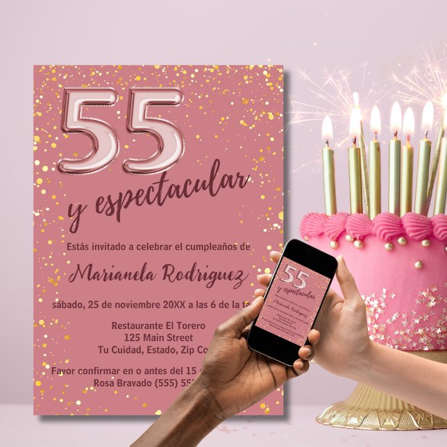 Invitación Hermoso Cumpleaños 55 Elegante Rosa Dorado Español (Subido por el creador)