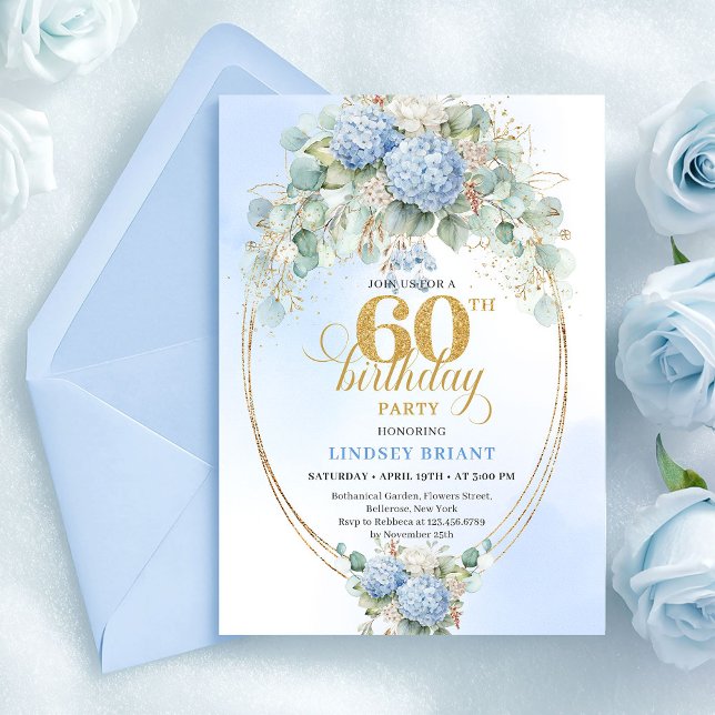Invitación Hermoso Cumpleaños 60 Boho Dusty Blue Floral Dorad (Beautiful Boho Dusty Blue Floral Gold 60th Birthday)