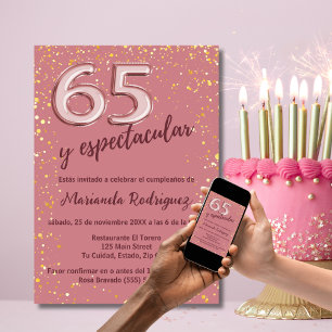 Invitación Hermoso Cumpleaños 65 Rosa Dorado Chic Español