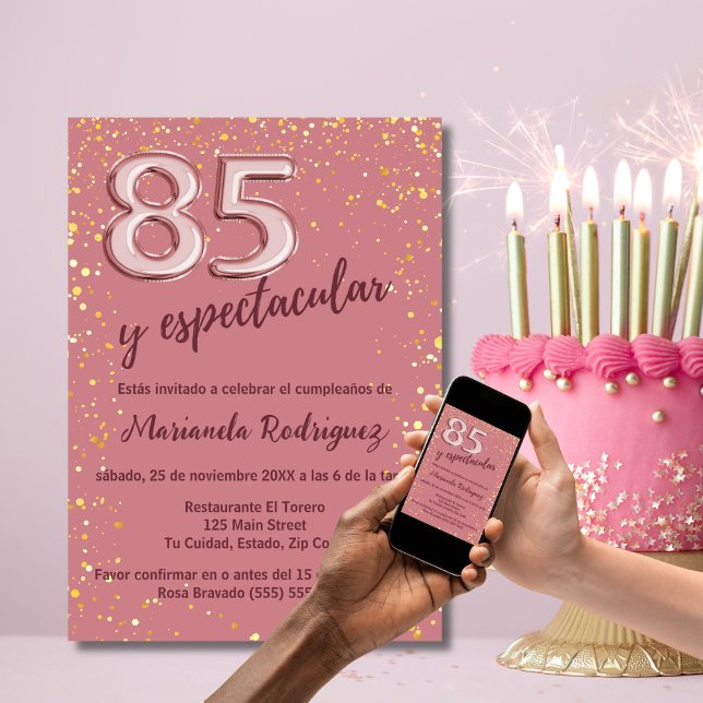 Invitación Hermoso Cumpleaños 85 Rosa Dorado (Subido por el creador)