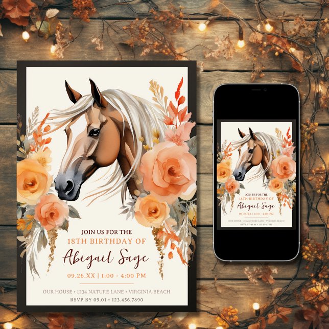 Invitación Hermoso cumpleaños de caballos y flores (Printed and Digital - Beautiful Horse and Flowers Birthday Invitation)