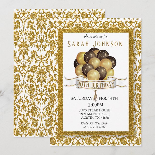 Invitación Hermoso cumpleaños de Damask Purpurina de oro (Anverso / Reverso)