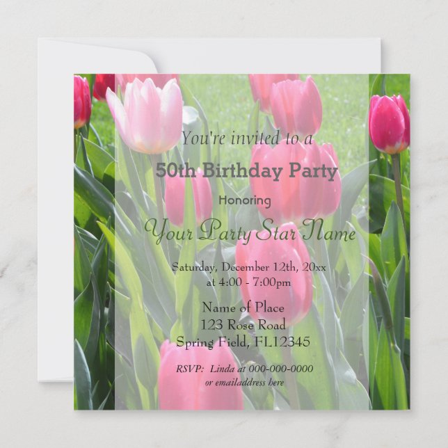 Invitación Hermoso cumpleaños de flores de tulipanes rosados  (Reverso)