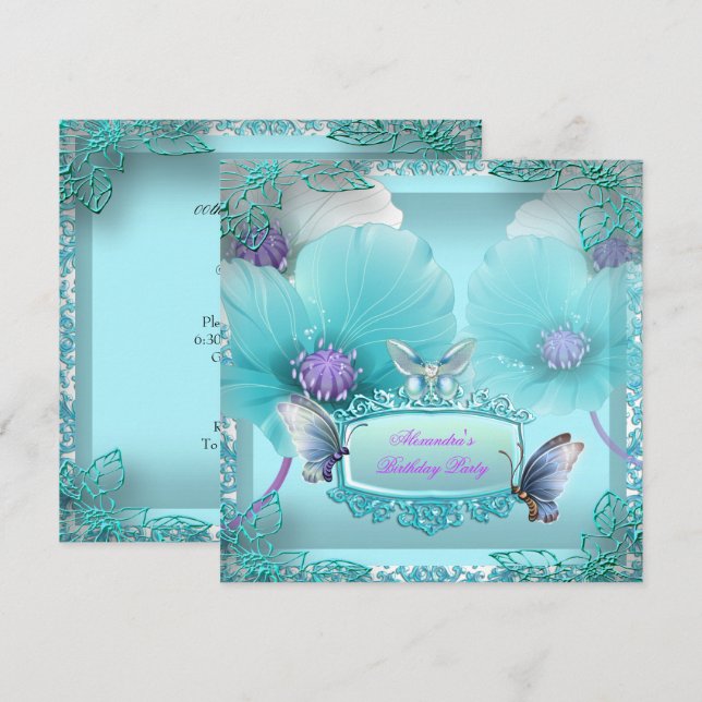Invitación Hermoso Cumpleaños de Mariposa de Encaje Morado Tu (Anverso / Reverso)