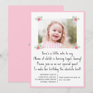 Invitación Hermoso Cumpleaños de niña pequeña floral Rosa Fot