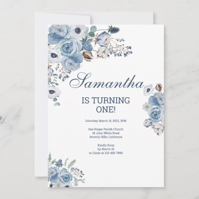 Invitación Hermoso cumpleaños floral azul (Anverso)