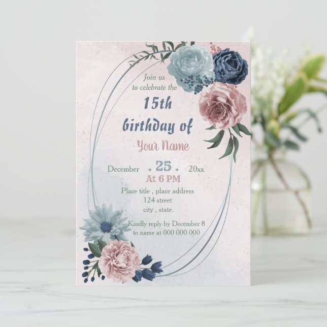Invitación hermoso cumpleaños floral azul rosa (Anverso de pie)