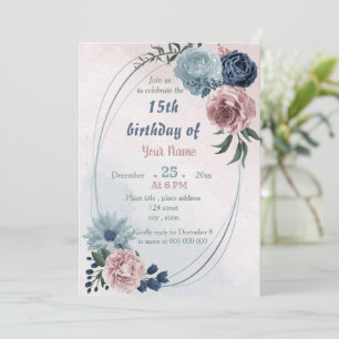 Invitación hermoso cumpleaños floral azul rosa